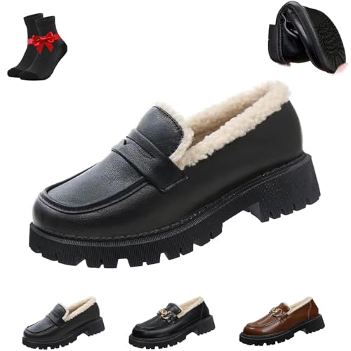 Kirposh Damen-Loafer aus Leder mit Wollfutter und Dicker Sohle, Slip-On-Plateau-Loafer mit klobigem Absatz, warme und Bequeme wasserdichte Schuhe(Black-A,39 EU) von Kirposh