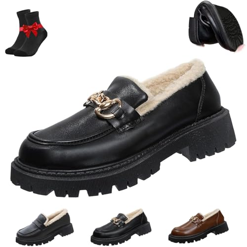 Kirposh Damen-Loafer aus Leder mit Wollfutter und Dicker Sohle, Slip-On-Plateau-Loafer mit klobigem Absatz, warme und Bequeme wasserdichte Schuhe(Black-B,38 EU) von Kirposh