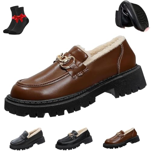 Kirposh Damen-Loafer aus Leder mit Wollfutter und Dicker Sohle, Slip-On-Plateau-Loafer mit klobigem Absatz, warme und Bequeme wasserdichte Schuhe(Brown,38 EU) von Kirposh
