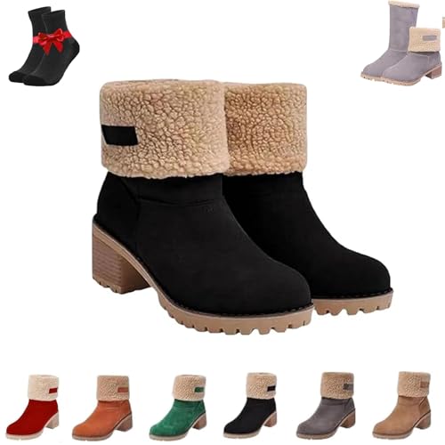 Kirposh Damen-Schneestiefel mit dickem Absatz und runder Zehenpartie, warme Winterschuhe mit runder Zehenpartie und seitlichem Reißverschluss, große Winterstiefeletten(Black,38 EU) von Kirposh