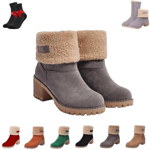 Kirposh Damen-Schneestiefel mit dickem Absatz und runder Zehenpartie, warme Winterschuhe mit runder Zehenpartie und seitlichem Reißverschluss, große Winterstiefeletten(Grey,42 EU) von Kirposh