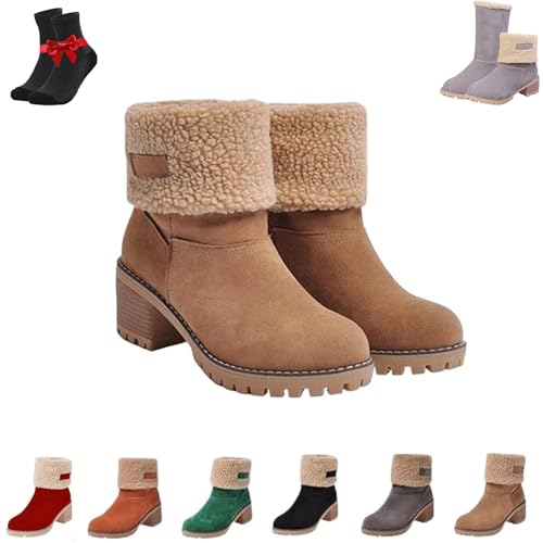 Kirposh Damen-Schneestiefel mit dickem Absatz und runder Zehenpartie, warme Winterschuhe mit runder Zehenpartie und seitlichem Reißverschluss, große Winterstiefeletten(Khaki,41 EU) von Kirposh