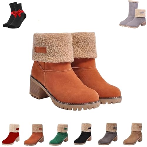 Kirposh Damen-Schneestiefel mit dickem Absatz und runder Zehenpartie, warme Winterschuhe mit runder Zehenpartie und seitlichem Reißverschluss, große Winterstiefeletten(Orange,37 EU) von Kirposh