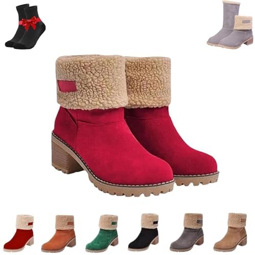 Kirposh Damen-Schneestiefel mit dickem Absatz und runder Zehenpartie, warme Winterschuhe mit runder Zehenpartie und seitlichem Reißverschluss, große Winterstiefeletten(Red,38 EU) von Kirposh