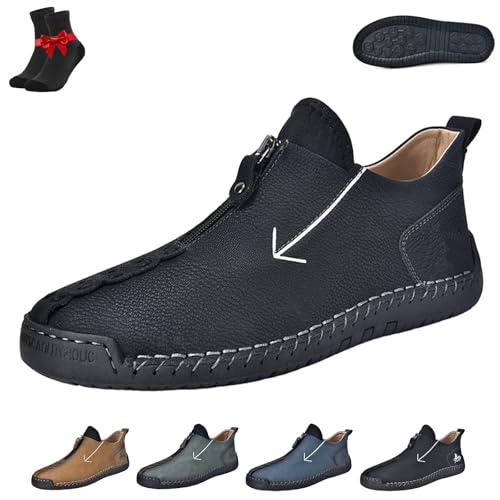 Kirposh Ergonomische Freizeitschuhe aus Leder for Herren, atmungsaktive Freizeitschuhe aus Leder, handgefertigte Freizeit-Loafer, mit verstellbarem Reißverschluss(Black,44 EU) von Kirposh