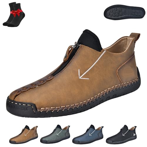 Kirposh Ergonomische Freizeitschuhe aus Leder for Herren, atmungsaktive Freizeitschuhe aus Leder, handgefertigte Freizeit-Loafer, mit verstellbarem Reißverschluss(Brown,48 EU) von Kirposh