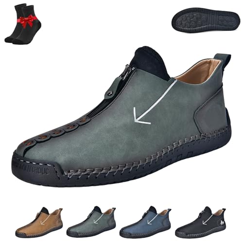 Kirposh Ergonomische Freizeitschuhe aus Leder for Herren, atmungsaktive Freizeitschuhe aus Leder, handgefertigte Freizeit-Loafer, mit verstellbarem Reißverschluss(Green,42 EU) von Kirposh
