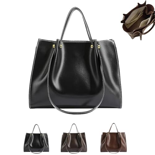 Kirposh Große, lässige Arbeitstasche mit Reißverschluss, weiche Lederhandtaschen for Damen, Leder-Umhängetasche for Damen(Black) von Kirposh