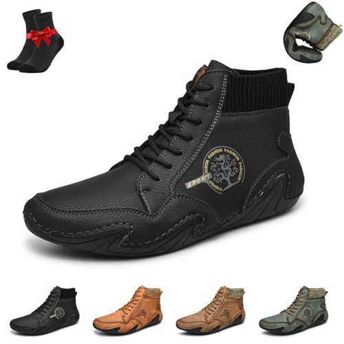 Kirposh Herren-Stiefeletten, handgenähte Lederschuhe, wasserdichte Outdoor-Sneaker, lässige Slipper, ergonomische Barfußschuhe(Black,43 EU) von Kirposh