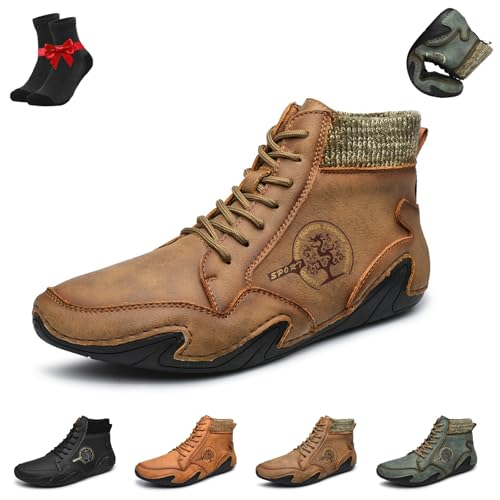 Kirposh Herren-Stiefeletten, handgenähte Lederschuhe, wasserdichte Outdoor-Sneaker, lässige Slipper, ergonomische Barfußschuhe(Khaki,45 EU) von Kirposh