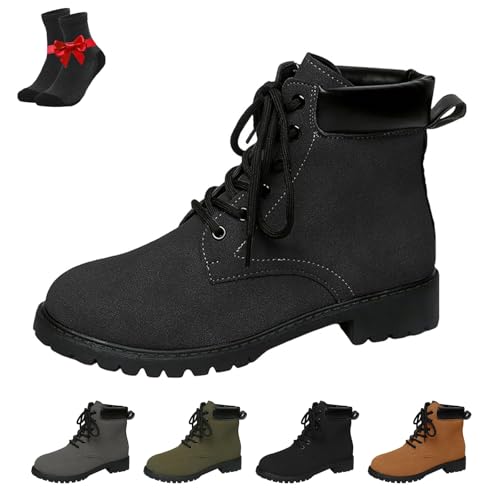 Kirposh Lederstiefel for Damen, Schnürstiefeletten, Stiefeletten mit rutschfesten Schuhen, Leder-Plateau-Absatz, Boots mit dickem Absatz(Black,43 EU) von Kirposh