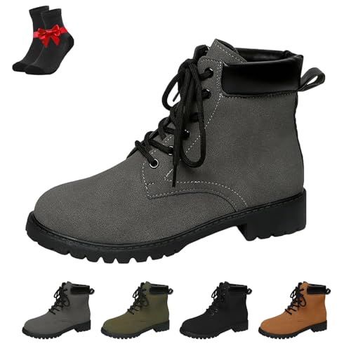 Kirposh Lederstiefel for Damen, Schnürstiefeletten, Stiefeletten mit rutschfesten Schuhen, Leder-Plateau-Absatz, Boots mit dickem Absatz(Grey,42 EU) von Kirposh