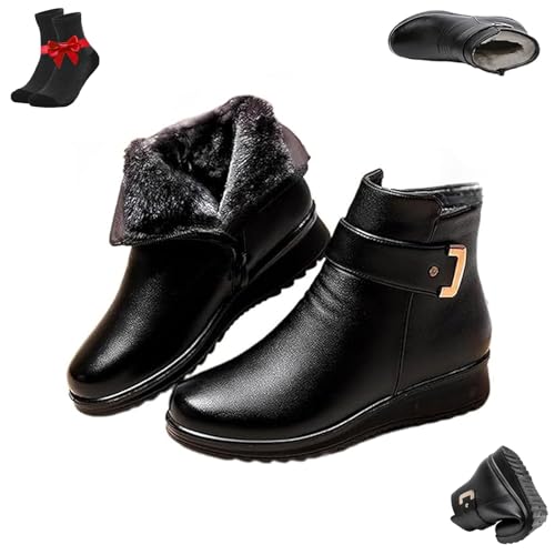 Kirposh Orthopädische Stiefel aus Lederwolle mit Metallschnalle for Damen, wasserdichte, rutschfeste Stiefeletten mit seitlichem Reißverschluss, warme Schuhe mit Pelzfutter(Black A,39 EU) von Kirposh