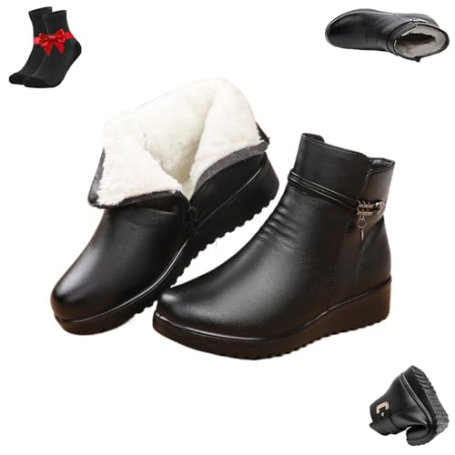 Kirposh Orthopädische Stiefel aus Lederwolle mit Metallschnalle for Damen, wasserdichte, rutschfeste Stiefeletten mit seitlichem Reißverschluss, warme Schuhe mit Pelzfutter(Black C,40 EU) von Kirposh