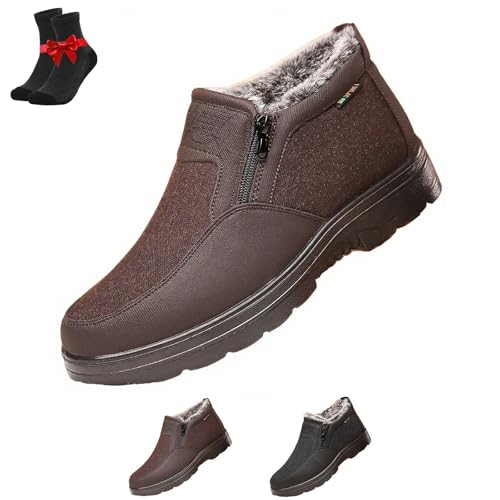 Kirposh Orthopädische warme Schneestiefel for Herren, wasserdichte Winterstiefeletten mit Fellfutter und seitlichem Reißverschluss, rutschfeste Fleeceschuhe(Brown,47 EU) von Kirposh