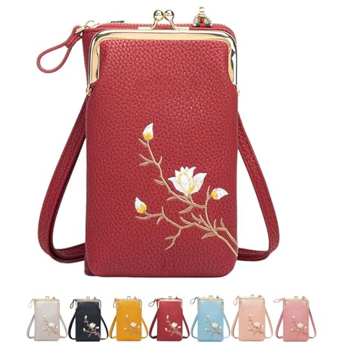 Kirposh Rowgins Damen-Sling-Crossbody-Geldbörse mit Handyhalter, Leder-Reisepasstasche, kleine Crossbody-Geldbörsen(Red) von Kirposh