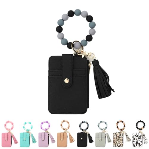 Kirposh Schlüsselanhänger-Geldbörse mit Armband, Silikonarmband-Geldbörse, Kleiner Kreditkartenhalter, mit Schlüsselringen aus Quastenperlen(Black,1pcs) von Kirposh