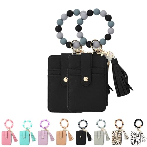 Kirposh Schlüsselanhänger-Geldbörse mit Armband, Silikonarmband-Geldbörse, Kleiner Kreditkartenhalter, mit Schlüsselringen aus Quastenperlen(Black,2pcs) von Kirposh