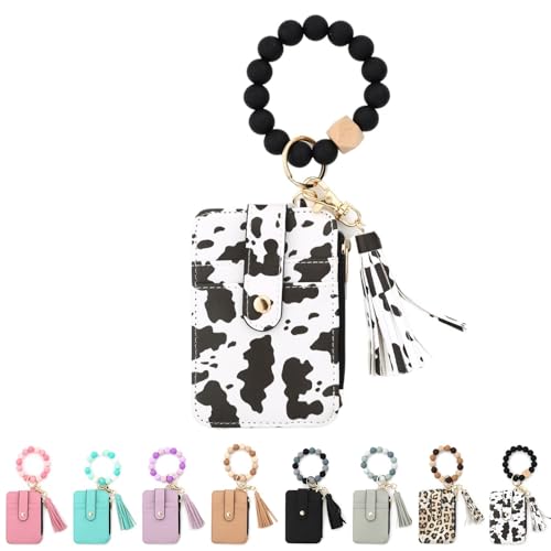Kirposh Schlüsselanhänger-Geldbörse mit Armband, Silikonarmband-Geldbörse, Kleiner Kreditkartenhalter, mit Schlüsselringen aus Quastenperlen(Cow,1pcs) von Kirposh