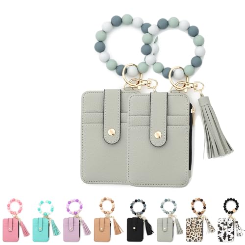 Kirposh Schlüsselanhänger-Geldbörse mit Armband, Silikonarmband-Geldbörse, Kleiner Kreditkartenhalter, mit Schlüsselringen aus Quastenperlen(Grey,2pcs) von Kirposh