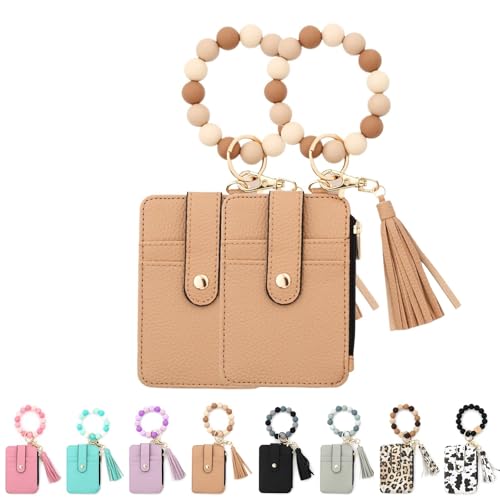 Kirposh Schlüsselanhänger-Geldbörse mit Armband, Silikonarmband-Geldbörse, Kleiner Kreditkartenhalter, mit Schlüsselringen aus Quastenperlen(Khaki,2pcs) von Kirposh