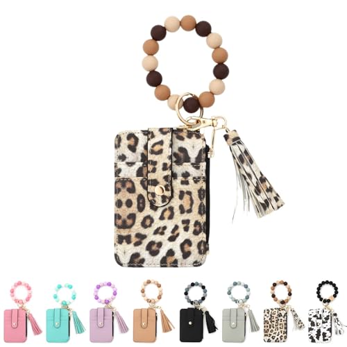 Kirposh Schlüsselanhänger-Geldbörse mit Armband, Silikonarmband-Geldbörse, Kleiner Kreditkartenhalter, mit Schlüsselringen aus Quastenperlen(Leopard Print,1pcs) von Kirposh