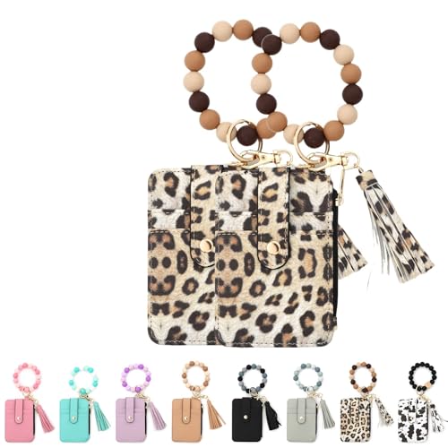 Kirposh Schlüsselanhänger-Geldbörse mit Armband, Silikonarmband-Geldbörse, Kleiner Kreditkartenhalter, mit Schlüsselringen aus Quastenperlen(Leopard Print,2pcs) von Kirposh