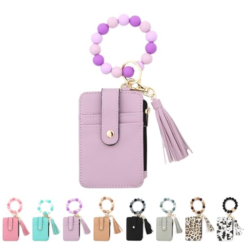 Kirposh Schlüsselanhänger-Geldbörse mit Armband, Silikonarmband-Geldbörse, Kleiner Kreditkartenhalter, mit Schlüsselringen aus Quastenperlen(Purple,1pcs) von Kirposh