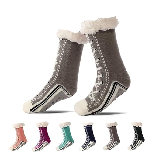 Kirposh Ultradicke Kaschmir-Hausschuhsocken, Hausschuhsocken for Damen, extraweiches Futter mit rutschfesten Silikongreifern(Gray+pink) von Kirposh