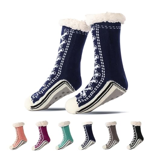 Kirposh Ultradicke Kaschmir-Hausschuhsocken, Hausschuhsocken for Damen, extraweiches Futter mit rutschfesten Silikongreifern(Navy blue+navy blue) von Kirposh