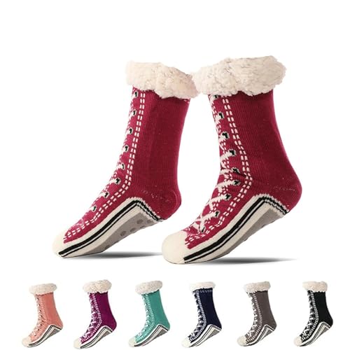 Kirposh Ultradicke Kaschmir-Hausschuhsocken, Hausschuhsocken for Damen, extraweiches Futter mit rutschfesten Silikongreifern(Wine red+wine red) von Kirposh