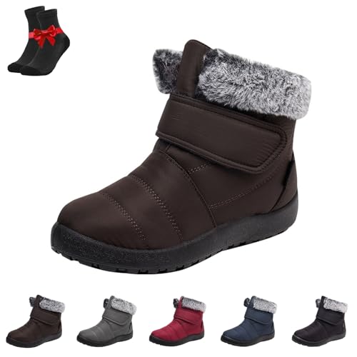 Kirposh Warme Winter-Schneestiefel for Damen, wasserdichte Winter-Schlupfstiefeletten, warme Anti-Rutsch-Schuhe, verstellbare Schneestiefel mit Klettverschluss(Brown,38 EU) von Kirposh