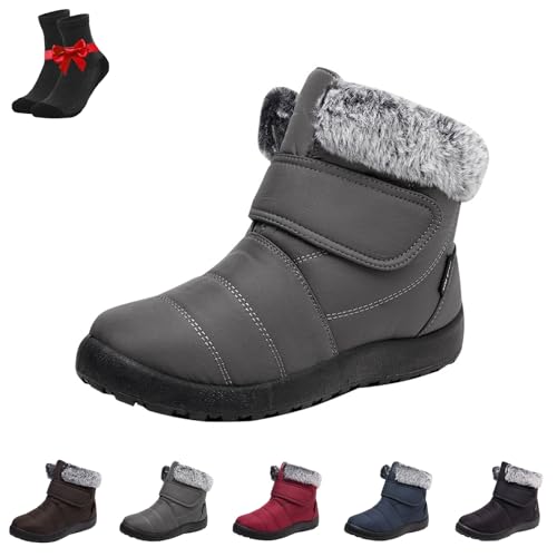 Kirposh Warme Winter-Schneestiefel for Damen, wasserdichte Winter-Schlupfstiefeletten, warme Anti-Rutsch-Schuhe, verstellbare Schneestiefel mit Klettverschluss(Grey,36 EU) von Kirposh