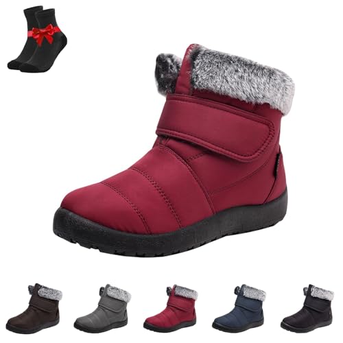 Kirposh Warme Winter-Schneestiefel for Damen, wasserdichte Winter-Schlupfstiefeletten, warme Anti-Rutsch-Schuhe, verstellbare Schneestiefel mit Klettverschluss(Red,35 EU) von Kirposh