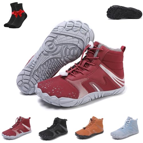Kirposh Winter-Barfußschuhe for Damen und Herren, ergonomische Barfußschuhe, rutschfeste Lederstiefel, warme Schlupfschuhe for den Außenbereich(Wine red,45 EU) von Kirposh