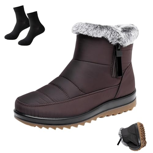 Kirposh wasserdichte, warme Schneestiefel for Damen im Winter, rutschfeste Wanderstiefel mit Fellfutter und seitlichem Reißverschluss for den Außenbereich(Dark Brown,39 EU) von Kirposh