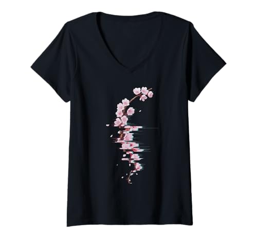 Damen Sakura Glitch Art Japanischer Blütenzweig Retro T-Shirt mit V-Ausschnitt Damen Sakura Glitch Art Japanischer Blütenzweig Retro T-Shirt mit V-Ausschnitt von Kirschblüte Pixel Effekt Digitale Blume