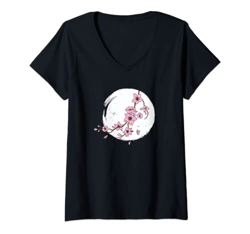 Damen Kirschblüten-Mondschein-japanischer Sakura-Waldweinlese T-Shirt mit V-Ausschnitt Damen Kirschblüten-Mondschein-japanischer Sakura-Waldweinlese T-Shirt mit V-Ausschnitt von Kirschblüten-Mondschein-Kirschblüte