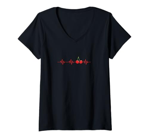 Damen Kirsche Herzschlag Sauerkirsche EKG T-Shirt mit V-Ausschnitt Damen Kirsche Herzschlag Sauerkirsche EKG T-Shirt mit V-Ausschnitt von Kirsche Herzschlag Sauerkirsche Früchte Geschenk