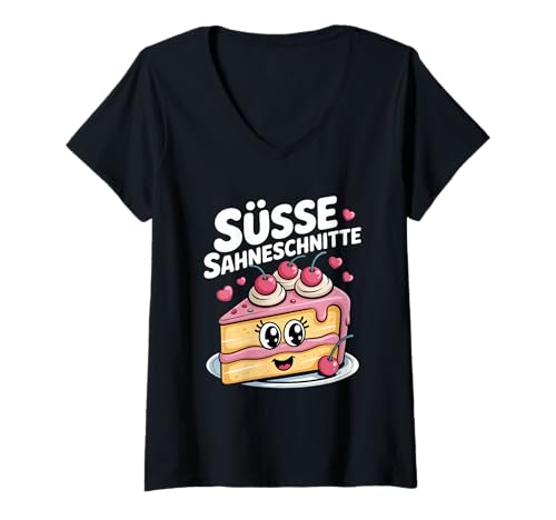 Damen Süsse Sahneschnitte Kirschen Kuchen Cartoon Spruch T-Shirt mit V-Ausschnitt von Kirsche Kuchen Sahne Torte Cartoon Wortspiel Humor
