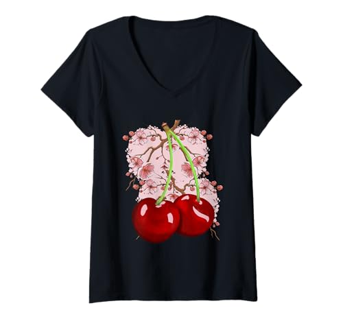 Damen Kirschblüte Obstbaum Kirschen Obst Sommer Kirsche Gärtner T-Shirt mit V-Ausschnitt von Kirschen Obst Kirsche 80er 90er Natur