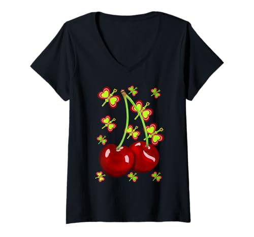 Damen Retro Kirsche Kirschen Obst Schmetterlinge Rockabilly 80er T-Shirt mit V-Ausschnitt von Kirschen Obst Kirsche 80er 90er Natur