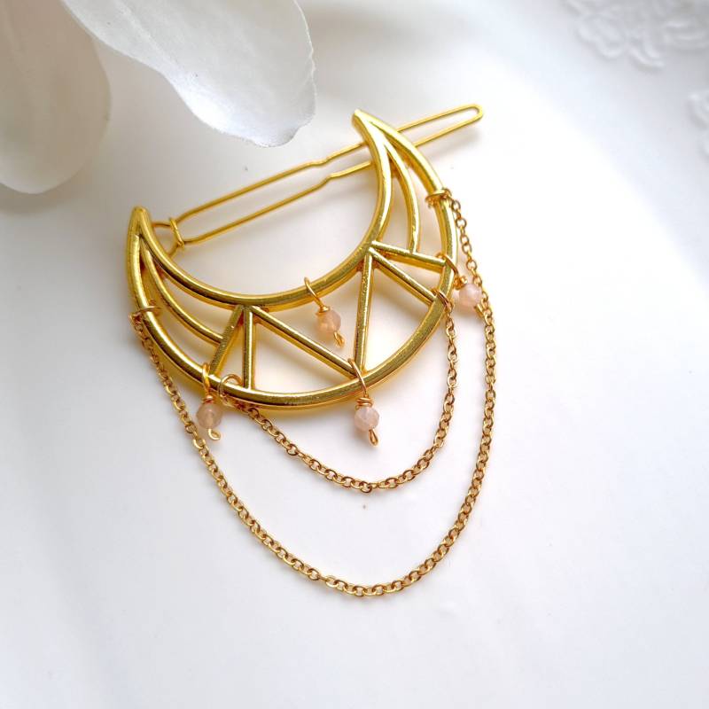 Haarspange Gold/Silber " Crescent Moon Chandelier Haarclip Mondsichel Mit Edelsteinperlen Peach Apricot Blau Türkis Lapislazuli Haarspange Gold/Silber " Crescent Moon Chandelier Haarclip Mondsichel Mit Edelsteinperlen Peach Apricot Blau Türkis Lapislazuli von KirschrotTreasury