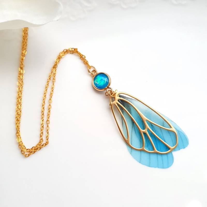 Halskette Vergoldet "Wings Of A Butterfly" Blau Türkis Hellblau von KirschrotTreasury