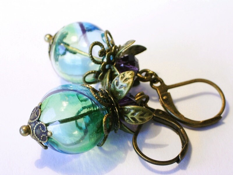 Ohrhänger Bronze "Teichrose" Blau Grün von KirschrotTreasury