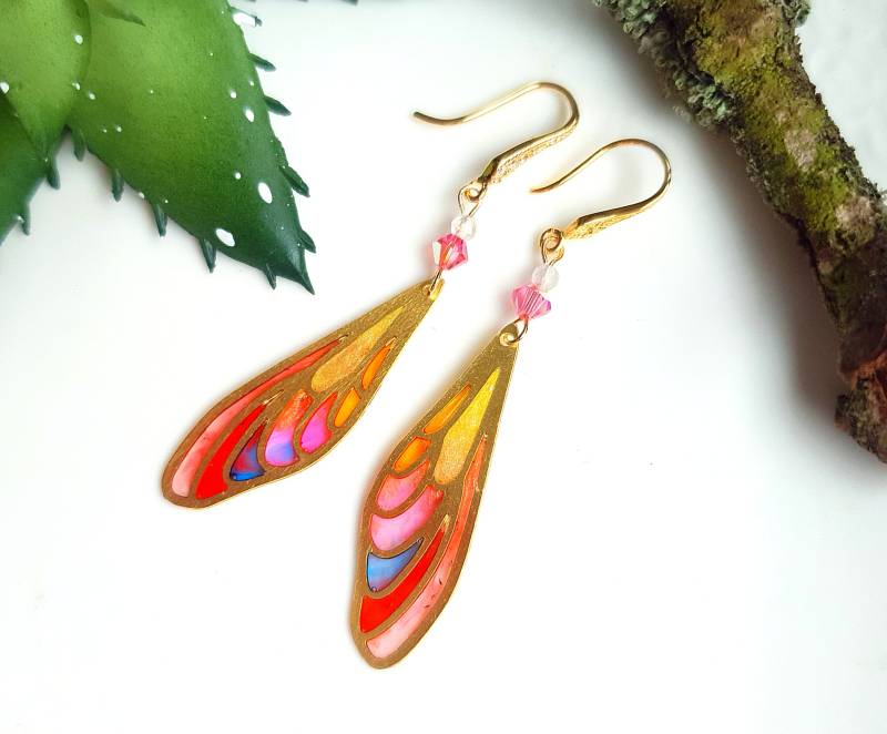 Ohrhänger Vergoldet "Libellenflügel" Gelb Orange Rot Pink Lila - Feenflügel von KirschrotTreasury