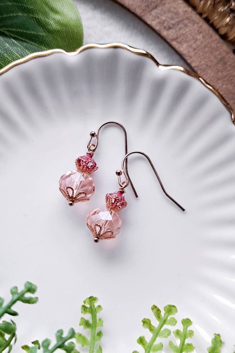 Ohrringe Rosegold Vergoldet "Tender Spring" Rosa Hellrosa Fuchsia Pink Rot Glasschliffperlen Glasperlen von KirschrotTreasury