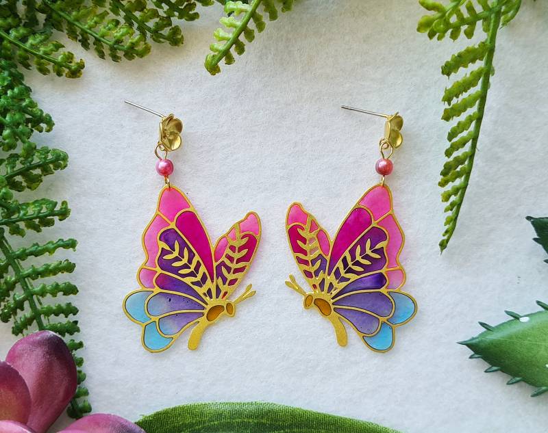 Ready To Ship - Ohrhänger Gold " A Flutter in The Summer Sky Blau Lila Violett Pink Rosa von KirschrotTreasury
