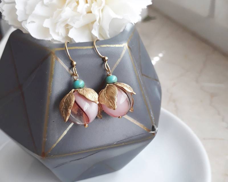 Ready To Ship - Ohrringe Gold "Frühlingsblüten" Rosa Pink Türkis von KirschrotTreasury