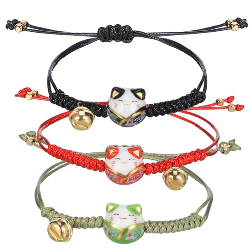 Kisangel 3 Stück Teiliges Maneki Neko Armband Verstellbare Japanische Glückskatze Glocke Rotes Grünes und Schwarzes Seilarmband für Herren Traditionelles Glücksschmuck Accessoire von Kisangel